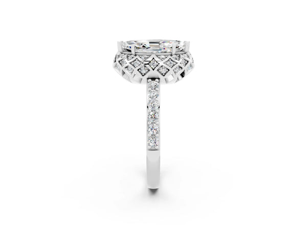Silver Marquise Cut Moissanite Scalloped Halo Engagement Ring with Round Shared Prong Band