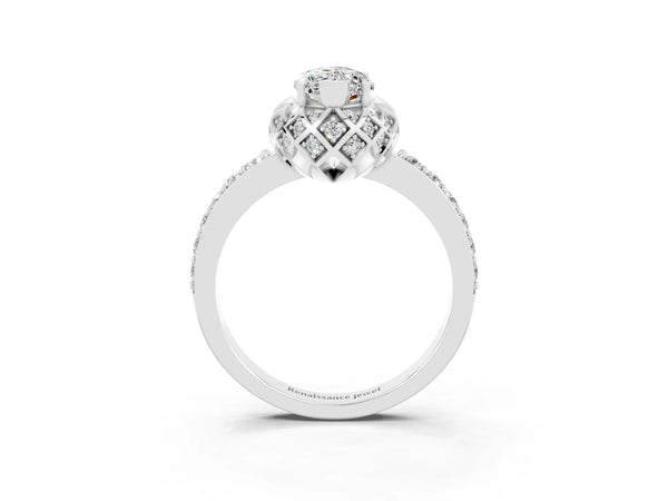 Platinum Marquise Cut Moissanite Scalloped Halo Engagement Ring with Round Shared Prong Band