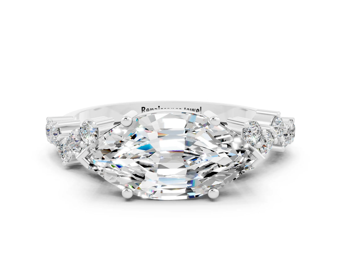 White gold Marquise Cut Moissanite Scattered Round Accent Ring with Prong Setting_24