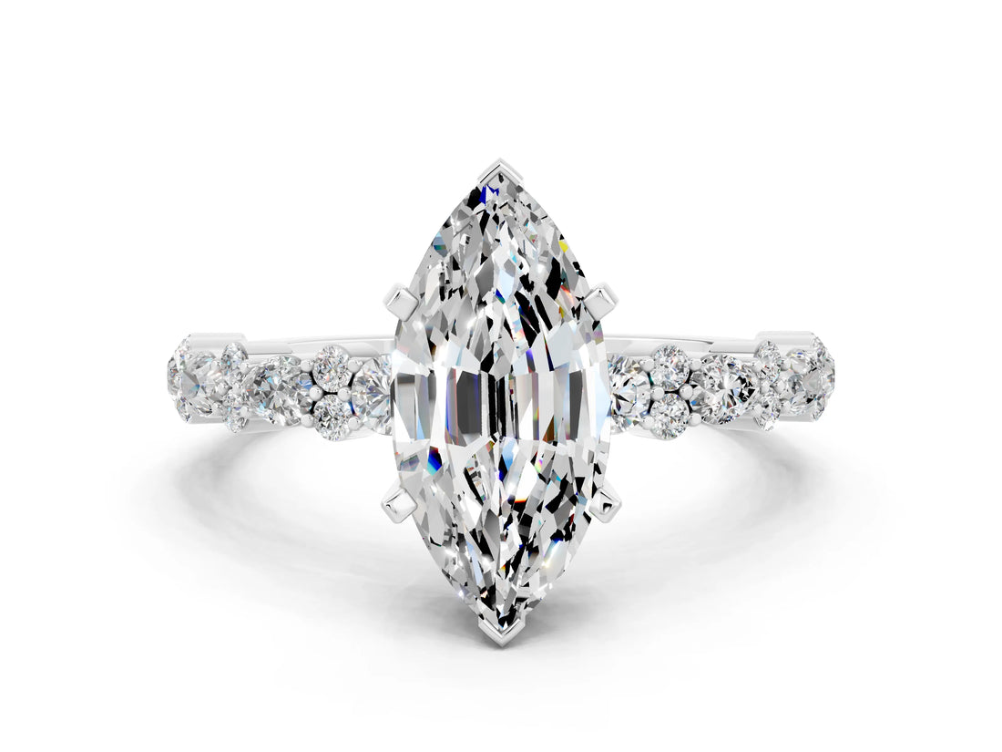 White gold Marquise Cut Moissanite Side Stone Solitaire Ring with Round  and Four-Prong Setting_48
