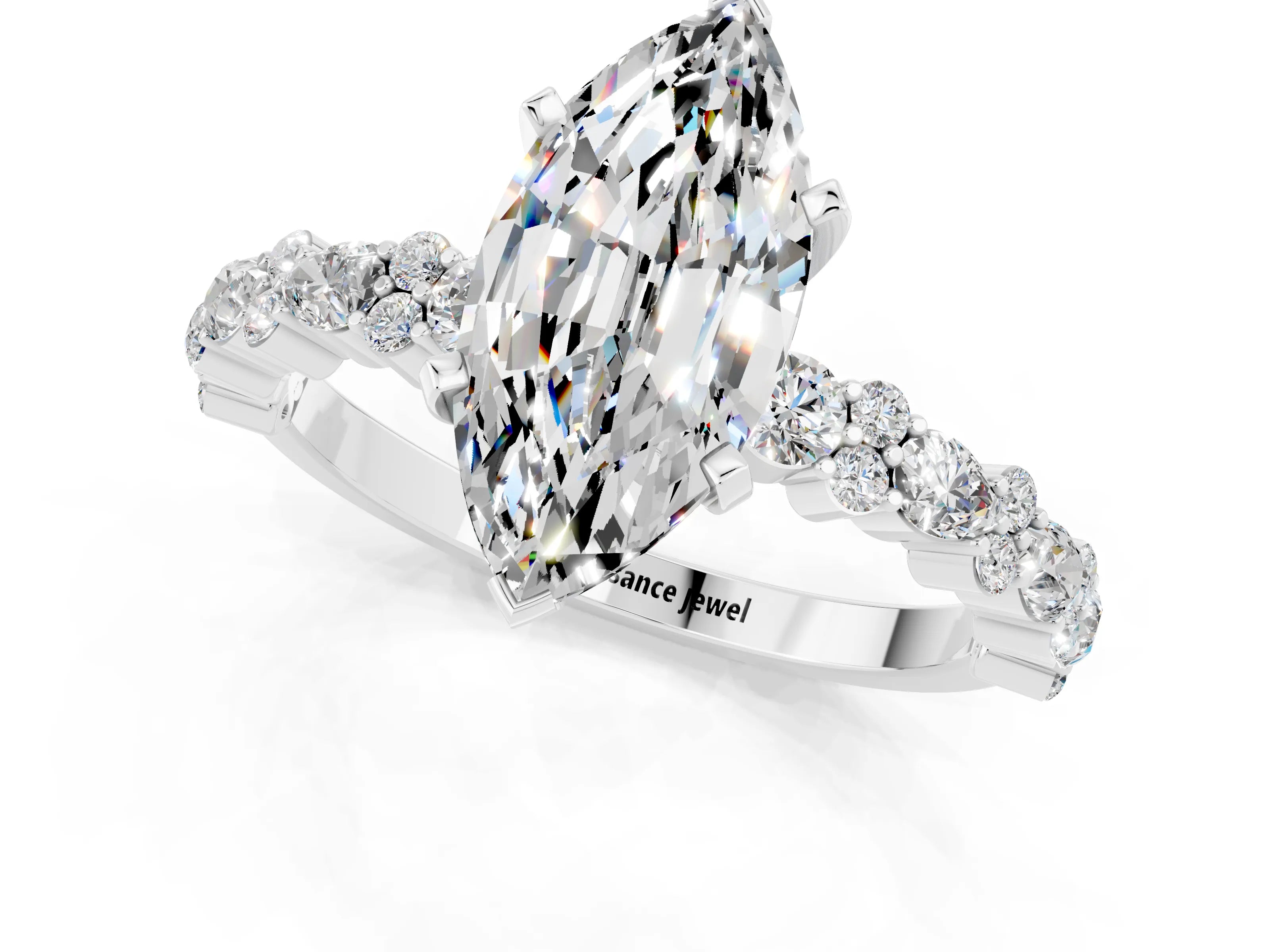 White gold Marquise Cut Moissanite Side Stone Solitaire Ring with Round  and Four-Prong Setting_49