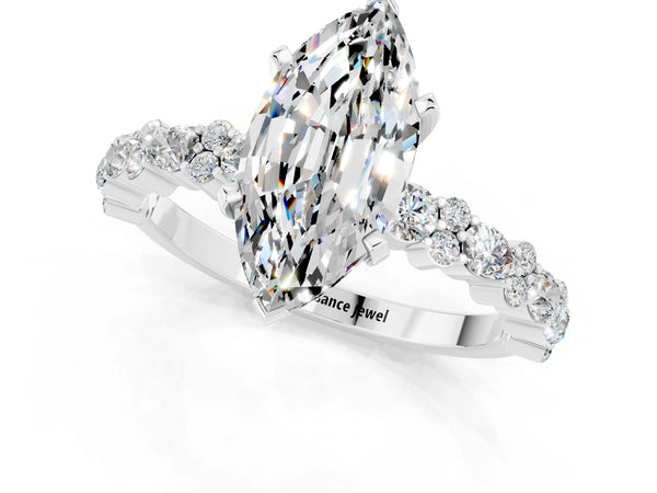 Silver Marquise Cut Moissanite Side Stone Solitaire Ring with Round  and Four-Prong Setting