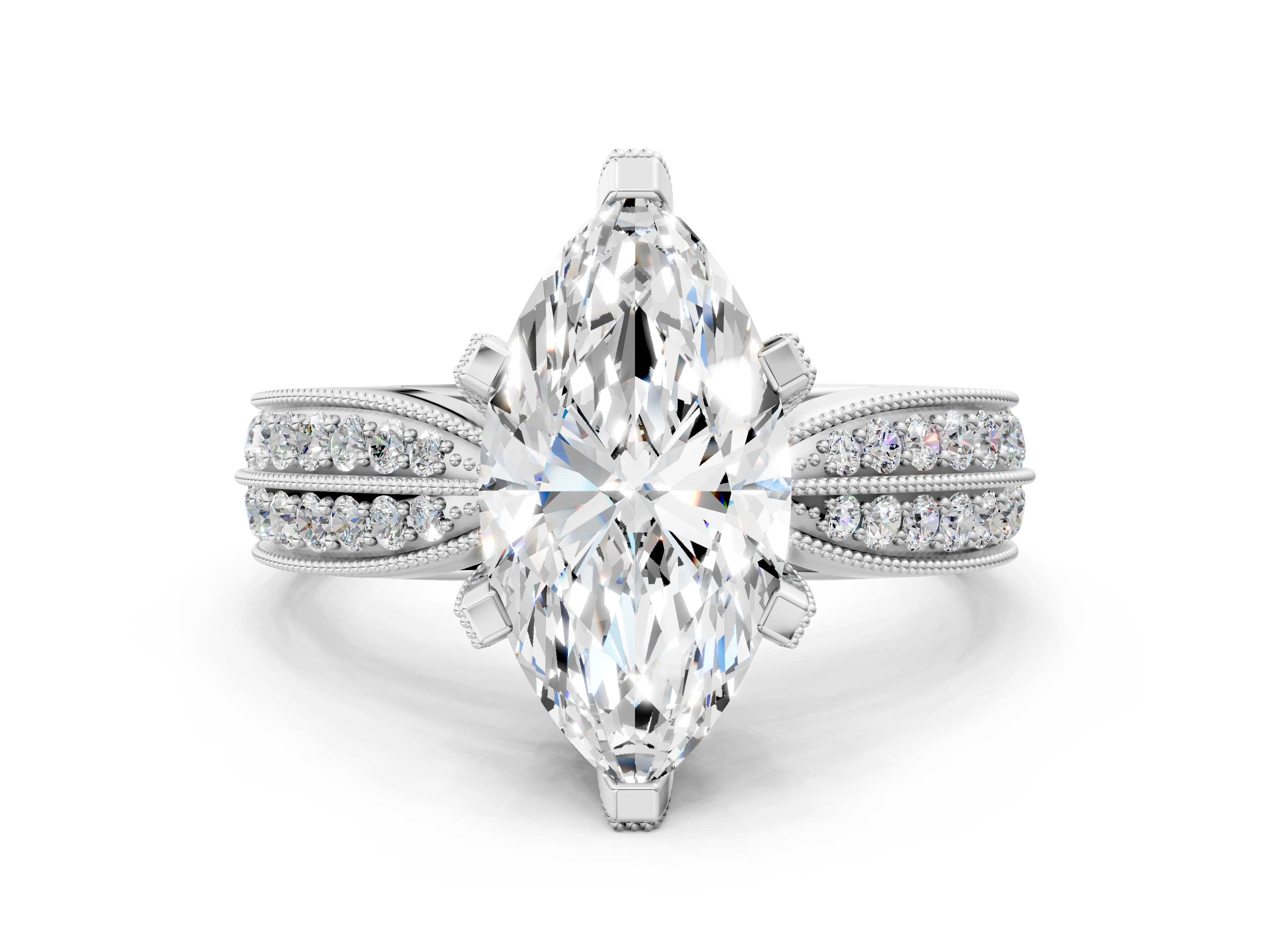 White gold Marquise Cut Moissanite   Solitaire Diamond Ring with Milgrain Pavé Band and Four-Prong Setting_32
