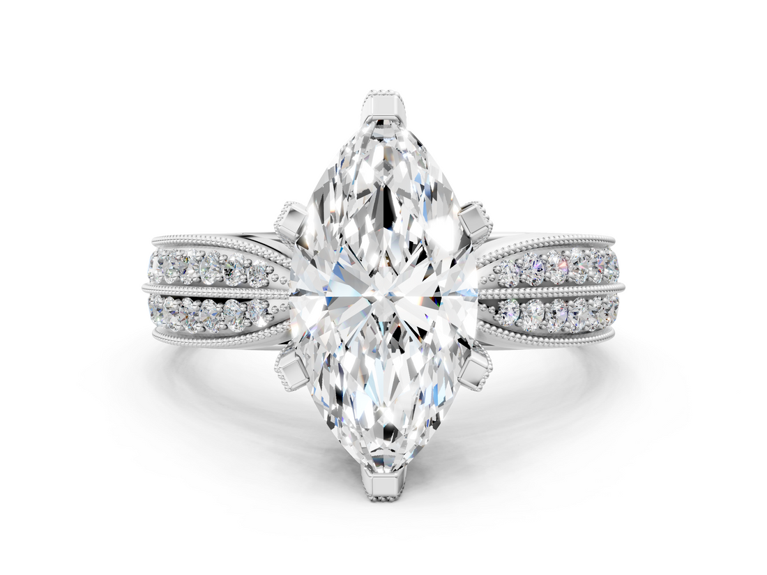 White gold Marquise Cut Moissanite   Solitaire Diamond Ring with Milgrain Pavé Band and Four-Prong Setting_34