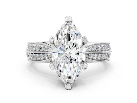 White gold Marquise Cut Moissanite   Solitaire Diamond Ring with Milgrain Pavé Band and Four-Prong Setting_34