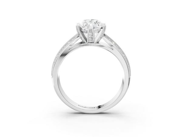 Platinum Marquise Cut Moissanite   Solitaire Diamond Ring with Milgrain Pavé Band and Four-Prong Setting