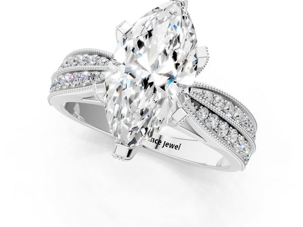 Silver Marquise Cut Moissanite   Solitaire Diamond Ring with Milgrain Pavé Band and Four-Prong Setting