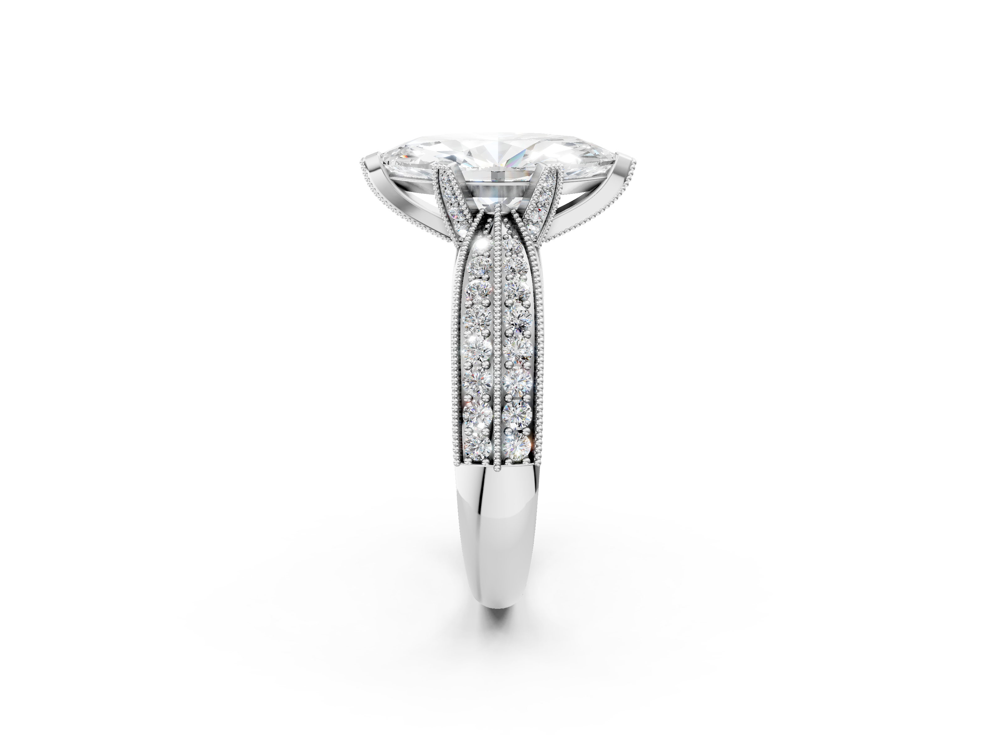 White gold Marquise Cut Moissanite   Solitaire Diamond Ring with Milgrain Pavé Band and Four-Prong Setting_36