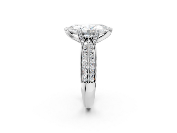 White gold Marquise Cut Moissanite   Solitaire Diamond Ring with Milgrain Pavé Band and Four-Prong Setting