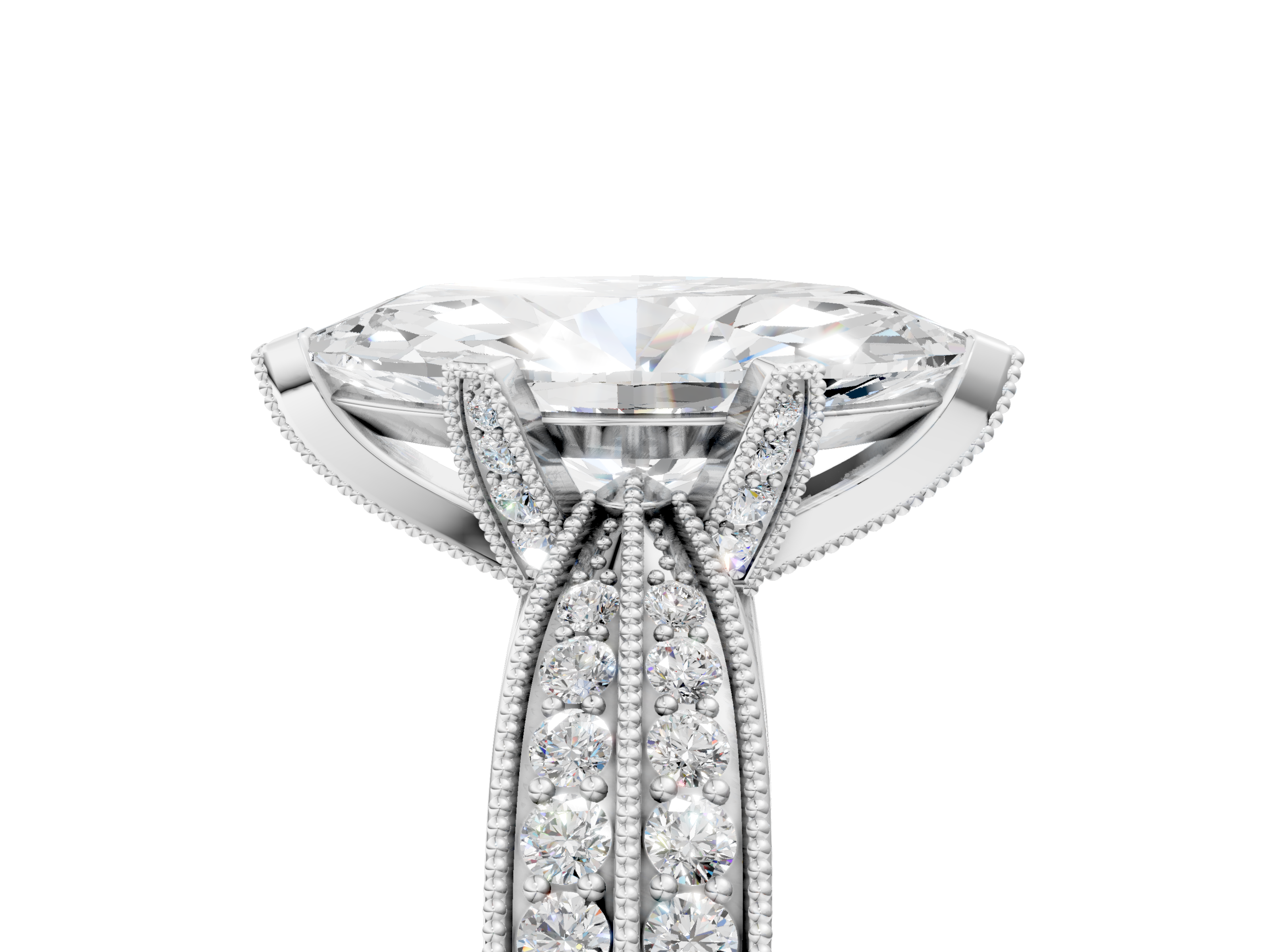 White gold Marquise Cut Moissanite   Solitaire Diamond Ring with Milgrain Pavé Band and Four-Prong Setting_37