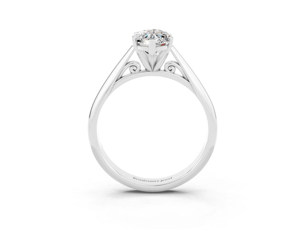 Platinum Marquise Cut Moissanite Solitaire Engagement Ring with Cathedral Setting and Four-Prong Mount