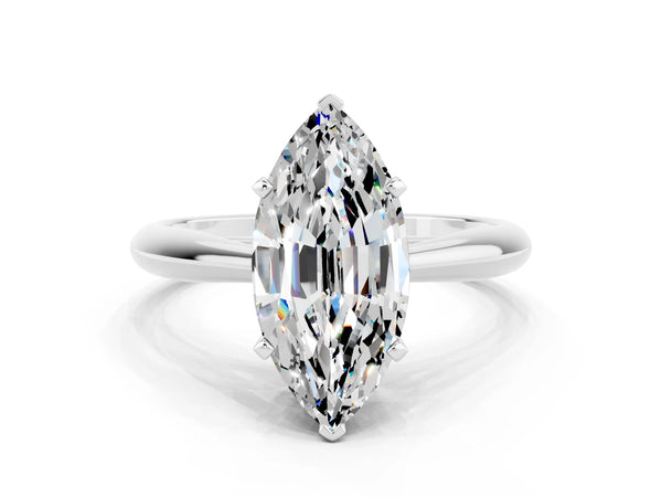 White gold Marquise Cut Moissanite Solitaire Engagement Ring with Cathedral Setting and Four-Prong Mount