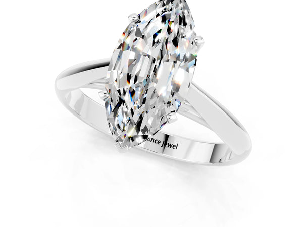 White gold Marquise Cut Moissanite Solitaire Engagement Ring with Cathedral Setting and Four-Prong Mount