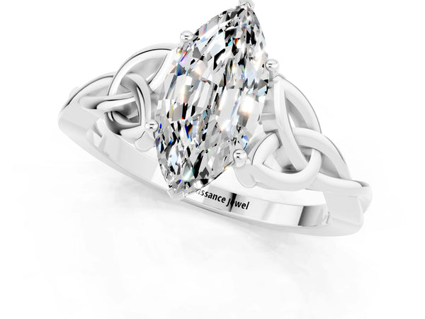 Platinum Marquise Cut Moissanite Solitaire Engagement Ring with Celtic Knot Band and Four-Prong Setting