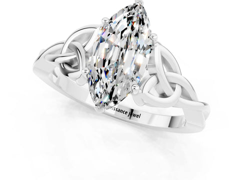 White gold Marquise Cut Moissanite Solitaire Engagement Ring with Celtic Knot Band and Four-Prong Setting_1