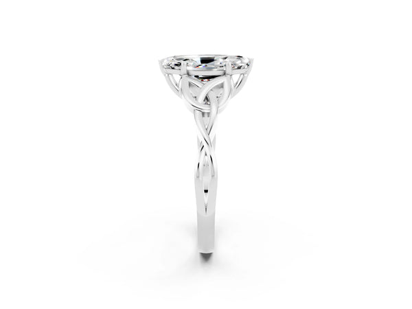 Platinum Marquise Cut Moissanite Solitaire Engagement Ring with Celtic Knot Band and Four-Prong Setting