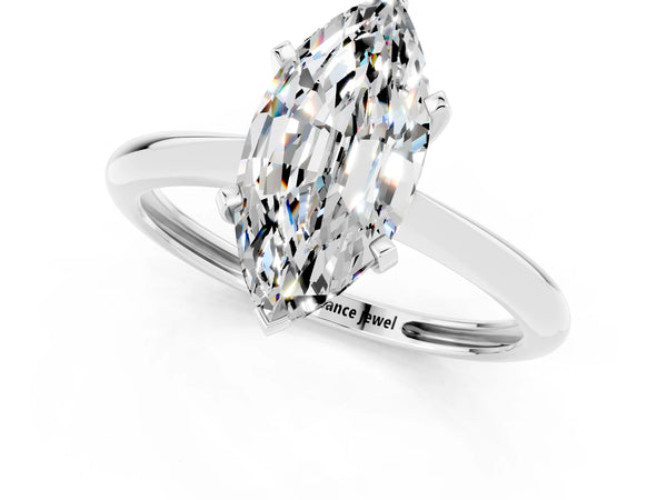 White gold Marquise Cut Moissanite Solitaire Engagement Ring with Classic Band and Four-Prong Setting