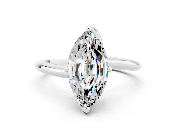 Silver Marquise Cut Moissanite Solitaire Engagement Ring with Four-Prong Setting and Classic Band
