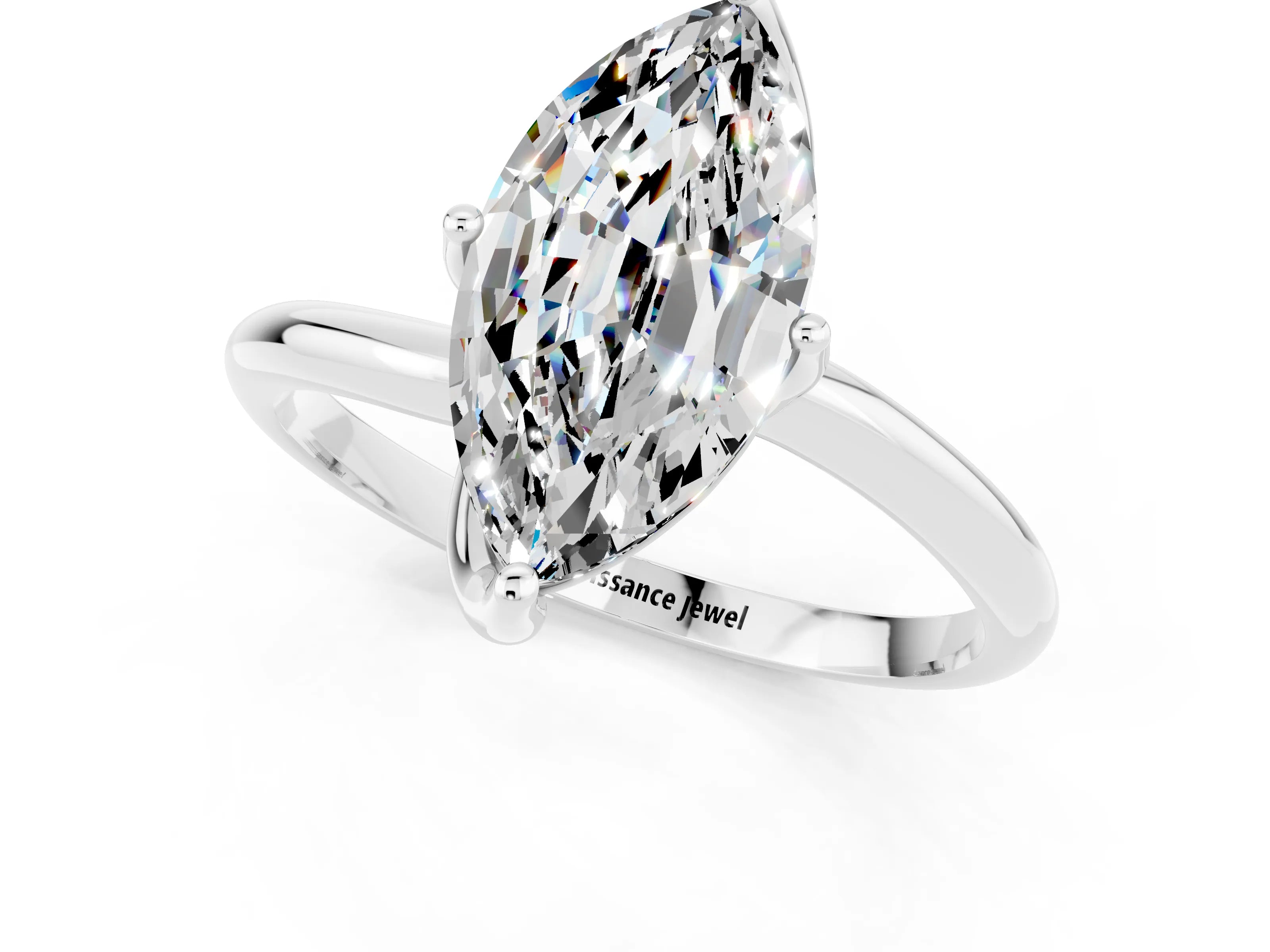 White gold Marquise Cut Moissanite Solitaire Engagement Ring with Four-Prong Setting and Classic Band_13