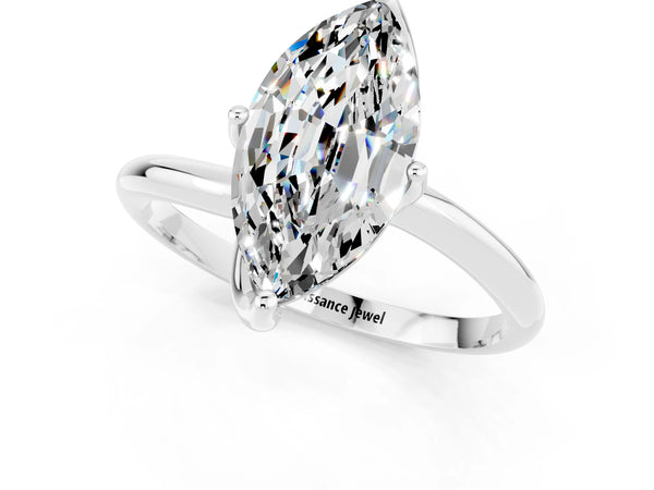Silver Marquise Cut Moissanite Solitaire Engagement Ring with Four-Prong Setting and Classic Band