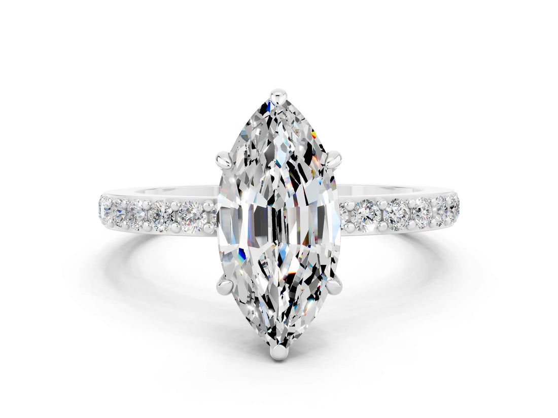 White gold Marquise Cut Moissanite Solitaire Engagement Ring with Pavé Band and Four-Prong Setting