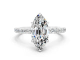 White gold Marquise Cut Moissanite Solitaire Engagement Ring with Pavé Band and Four-Prong Setting