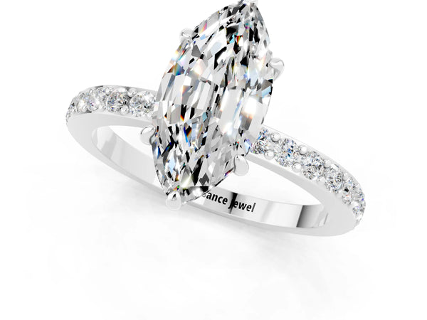 Platinum Marquise Cut Moissanite Solitaire Engagement Ring with Pavé Band and Four-Prong Setting