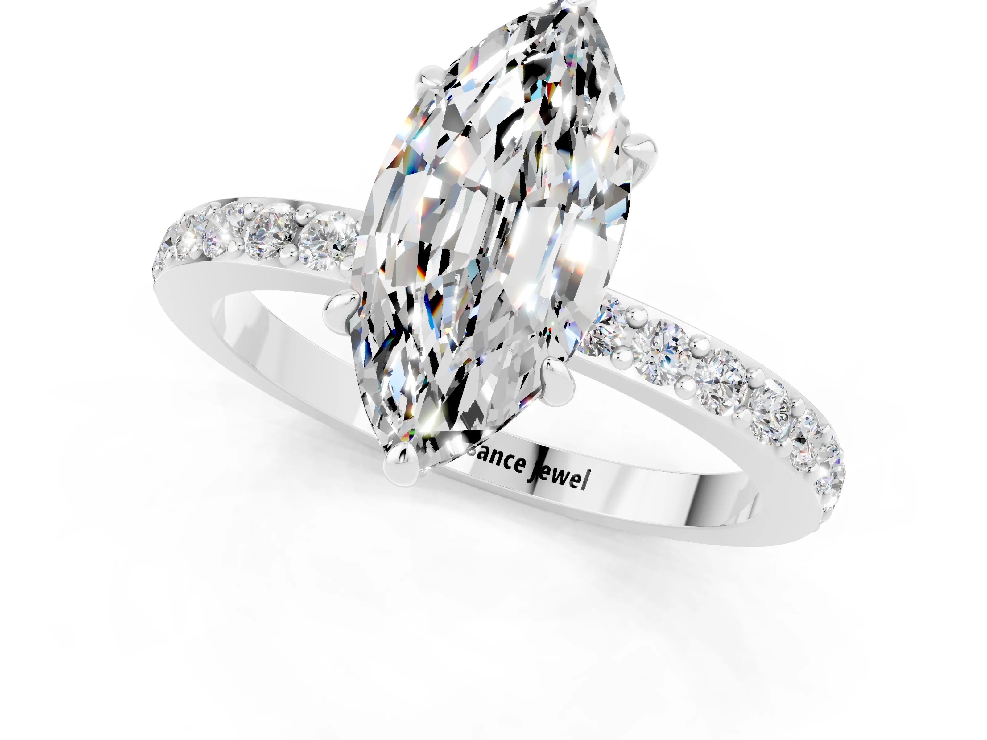 White gold Marquise Cut Moissanite Solitaire Engagement Ring with Pavé Band and Four-Prong Setting_1