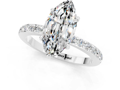 White gold Marquise Cut Moissanite Solitaire Engagement Ring with Pavé Band and Four-Prong Setting_1