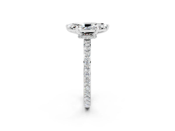 Platinum Marquise Cut Moissanite Solitaire Engagement Ring with Pavé Band and Four-Prong Setting