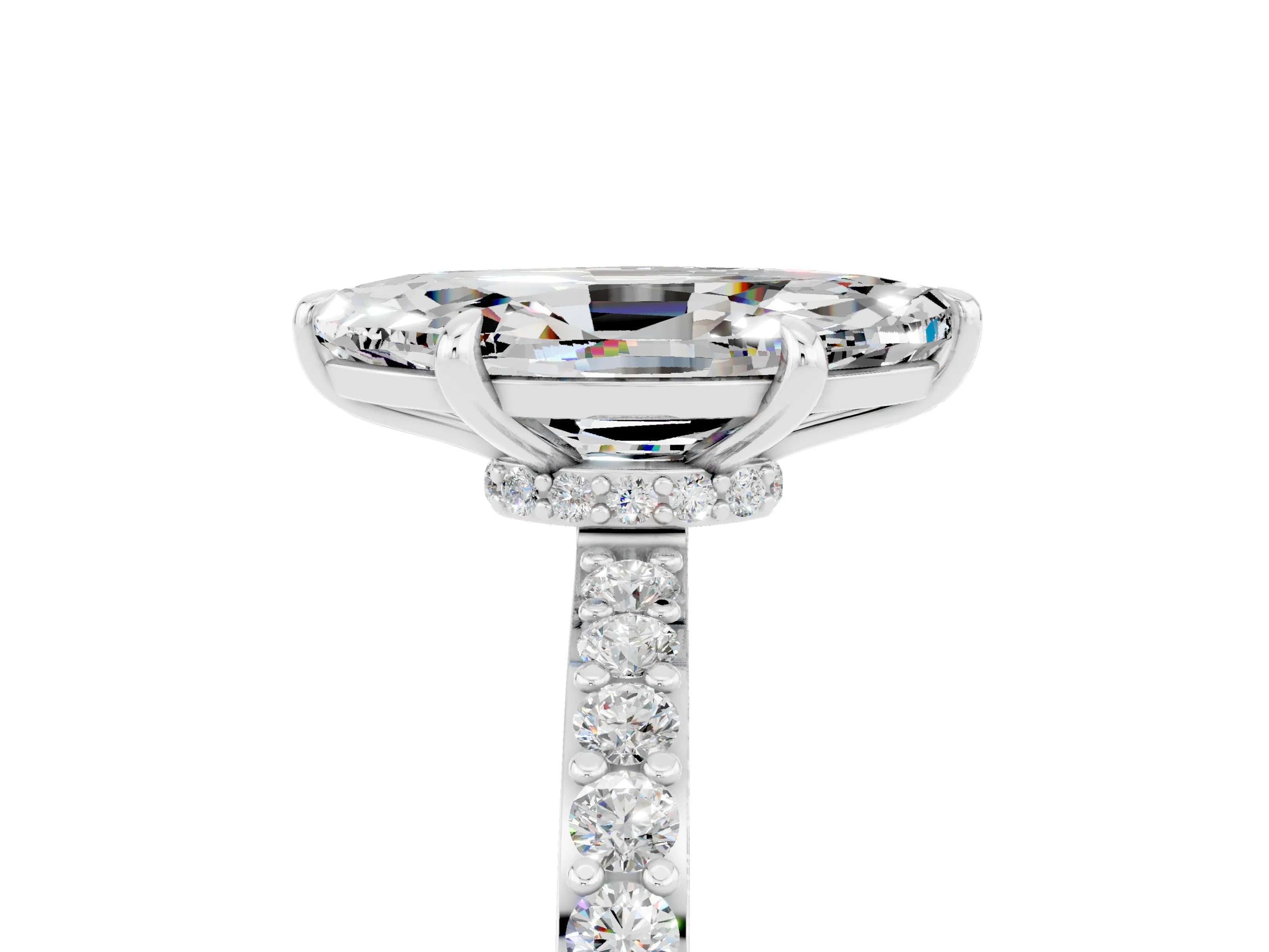 White gold Marquise Cut Moissanite Solitaire Engagement Ring with Pavé Band and Four-Prong Setting_5