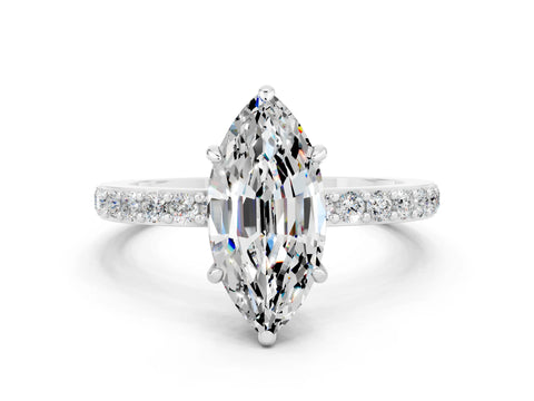 White gold Marquise Cut Moissanite Solitaire Engagement Ring with Pavé Band and Four-Prong Setting