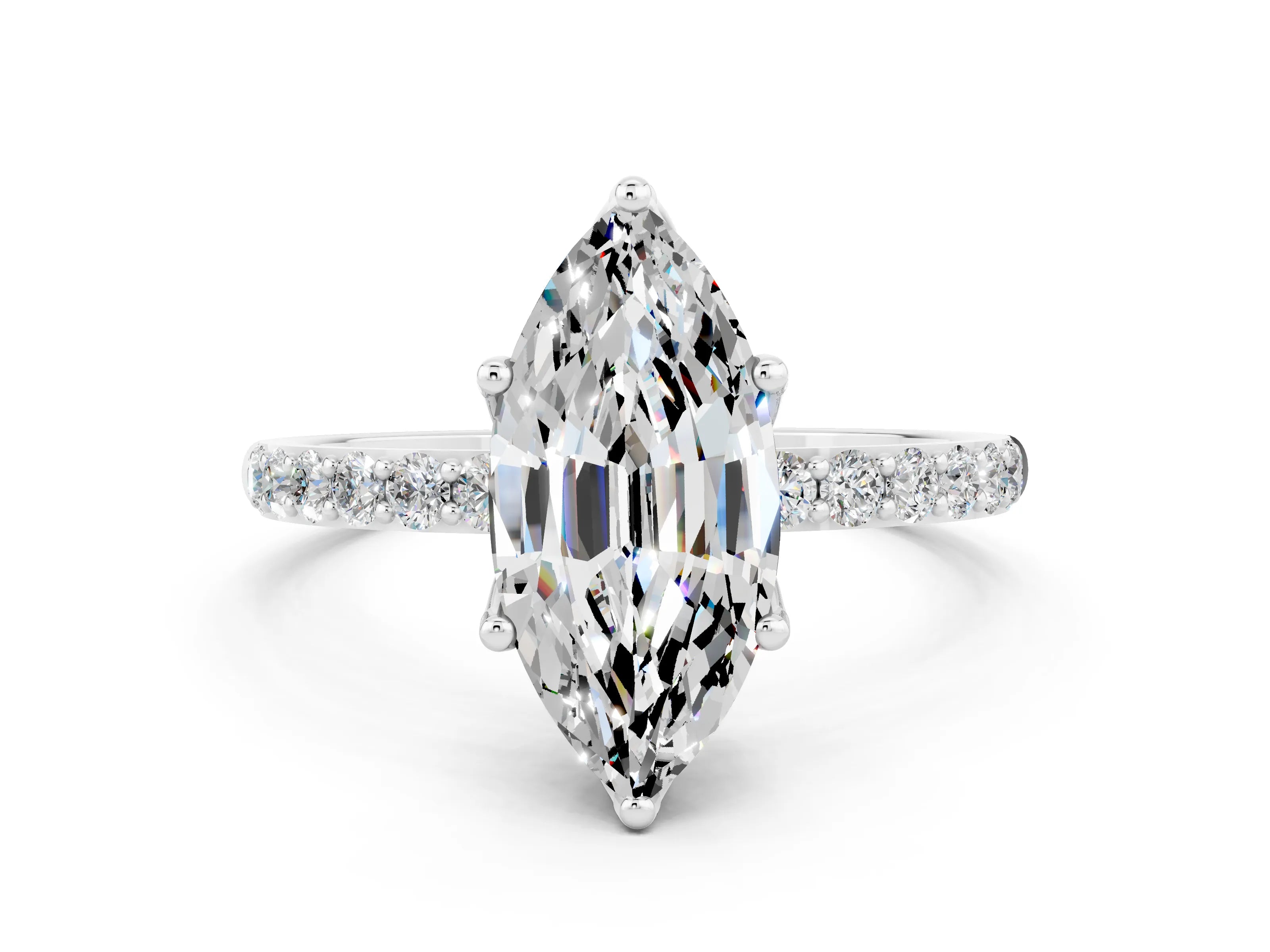 White gold Marquise Cut Moissanite Solitaire Engagement Ring with Pavé Band and Prong Setting