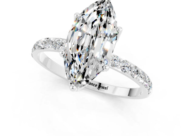 Platinum Marquise Cut Moissanite Solitaire Engagement Ring with Round  Pavé Band and Prong Setting