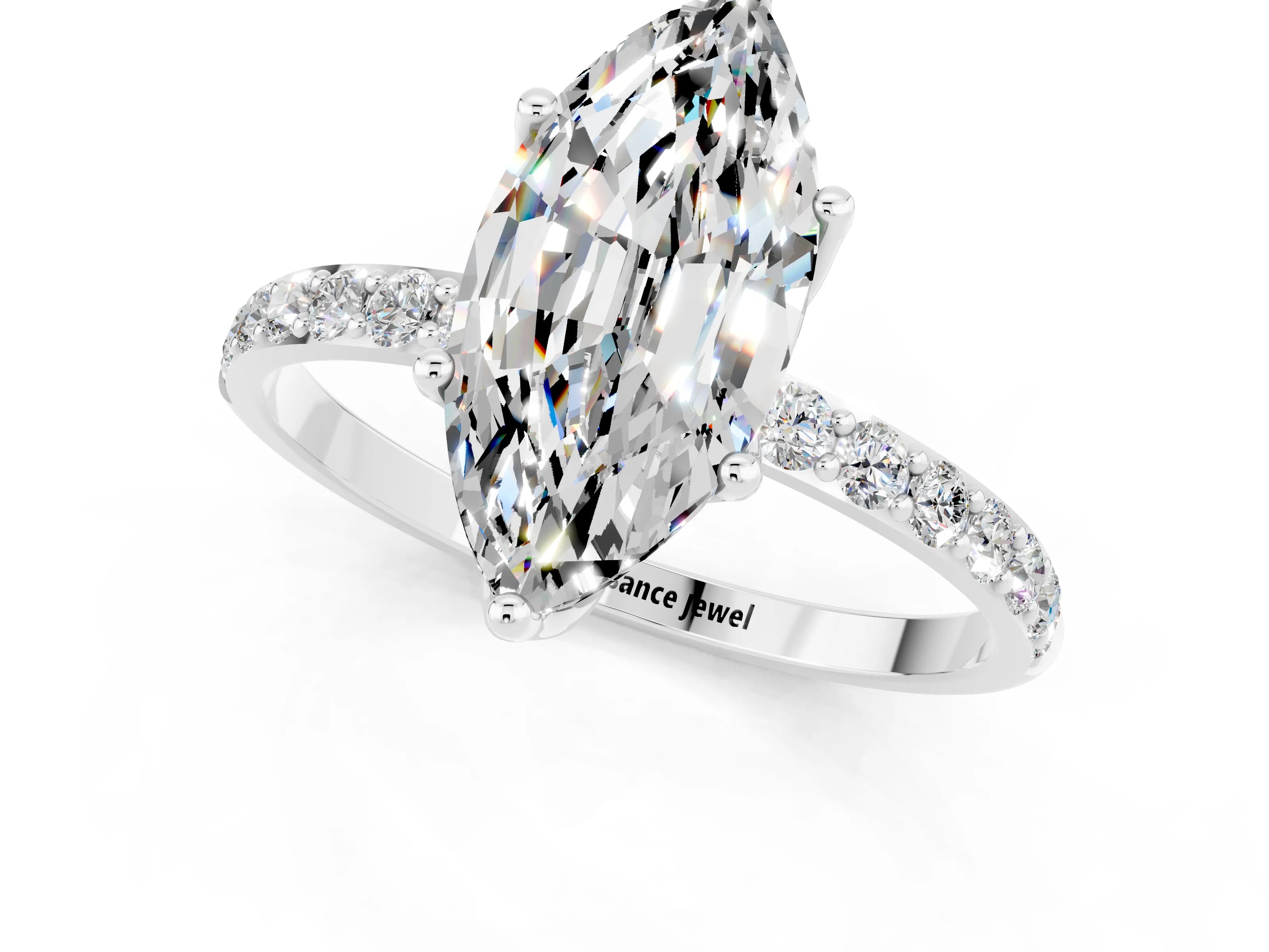 White gold Marquise Cut Moissanite Solitaire Engagement Ring with Pavé Band and Prong Setting_1