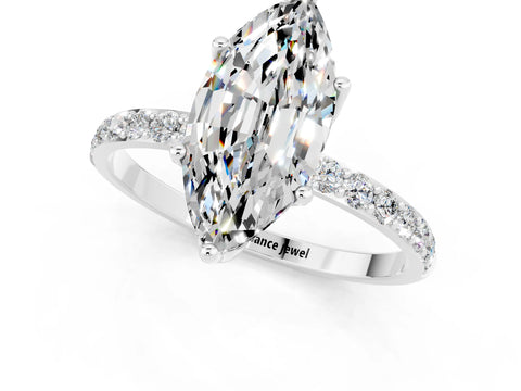 White gold Marquise Cut Moissanite Solitaire Engagement Ring with Pavé Band and Prong Setting_1