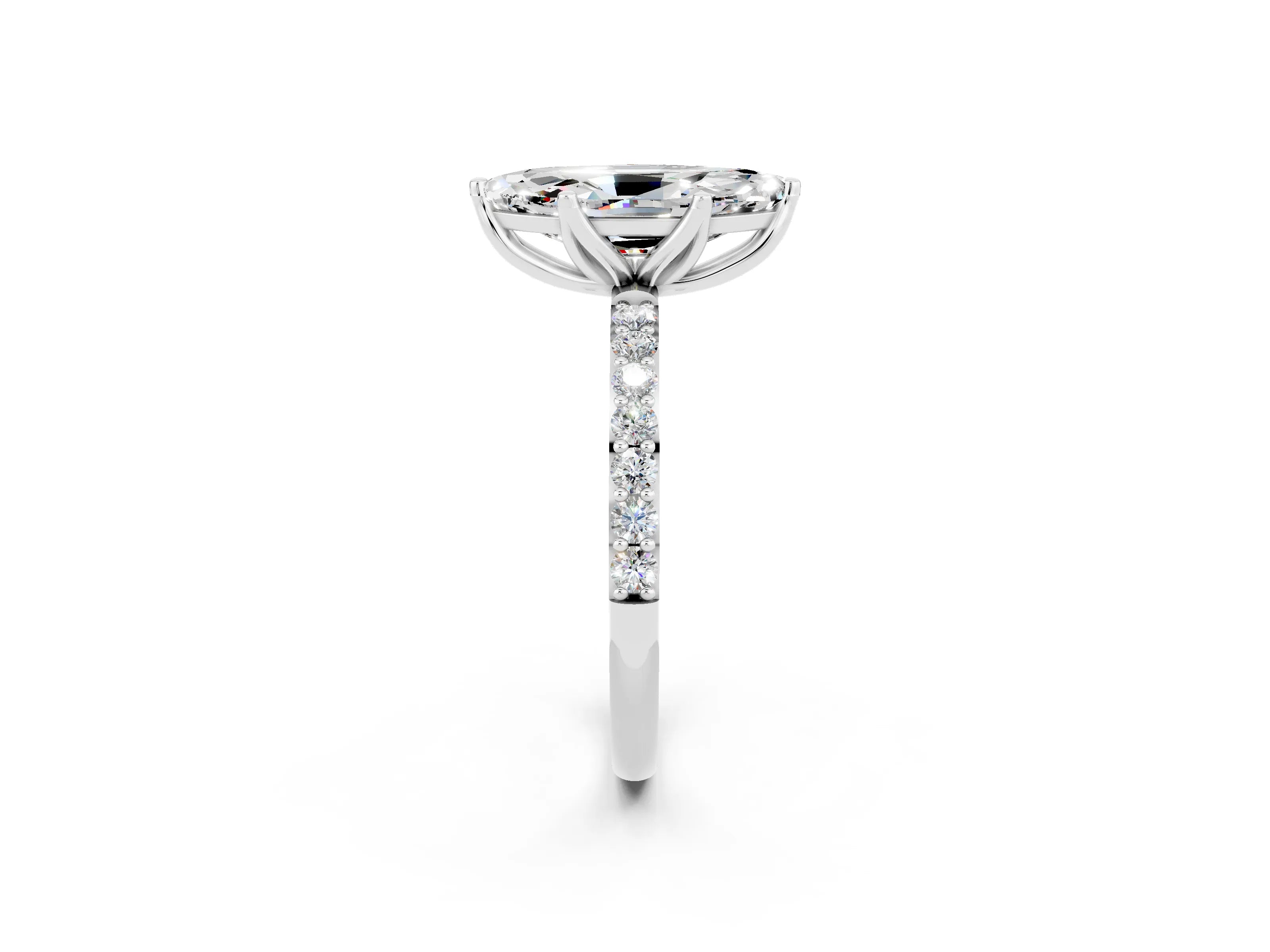 White gold Marquise Cut Moissanite Solitaire Engagement Ring with Pavé Band and Prong Setting_2