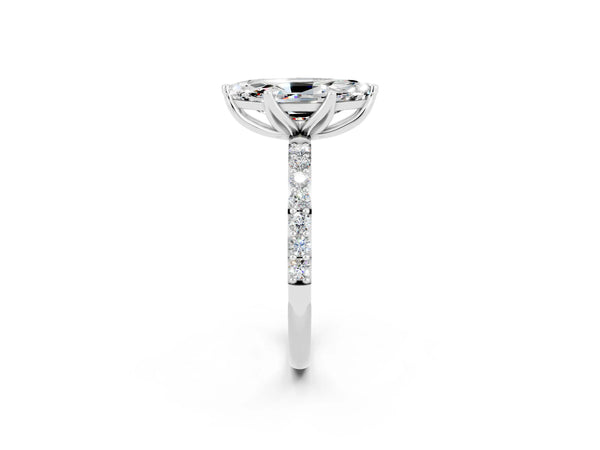 Silver Marquise Cut Moissanite Solitaire Engagement Ring with Round  Pavé Band and Prong Setting