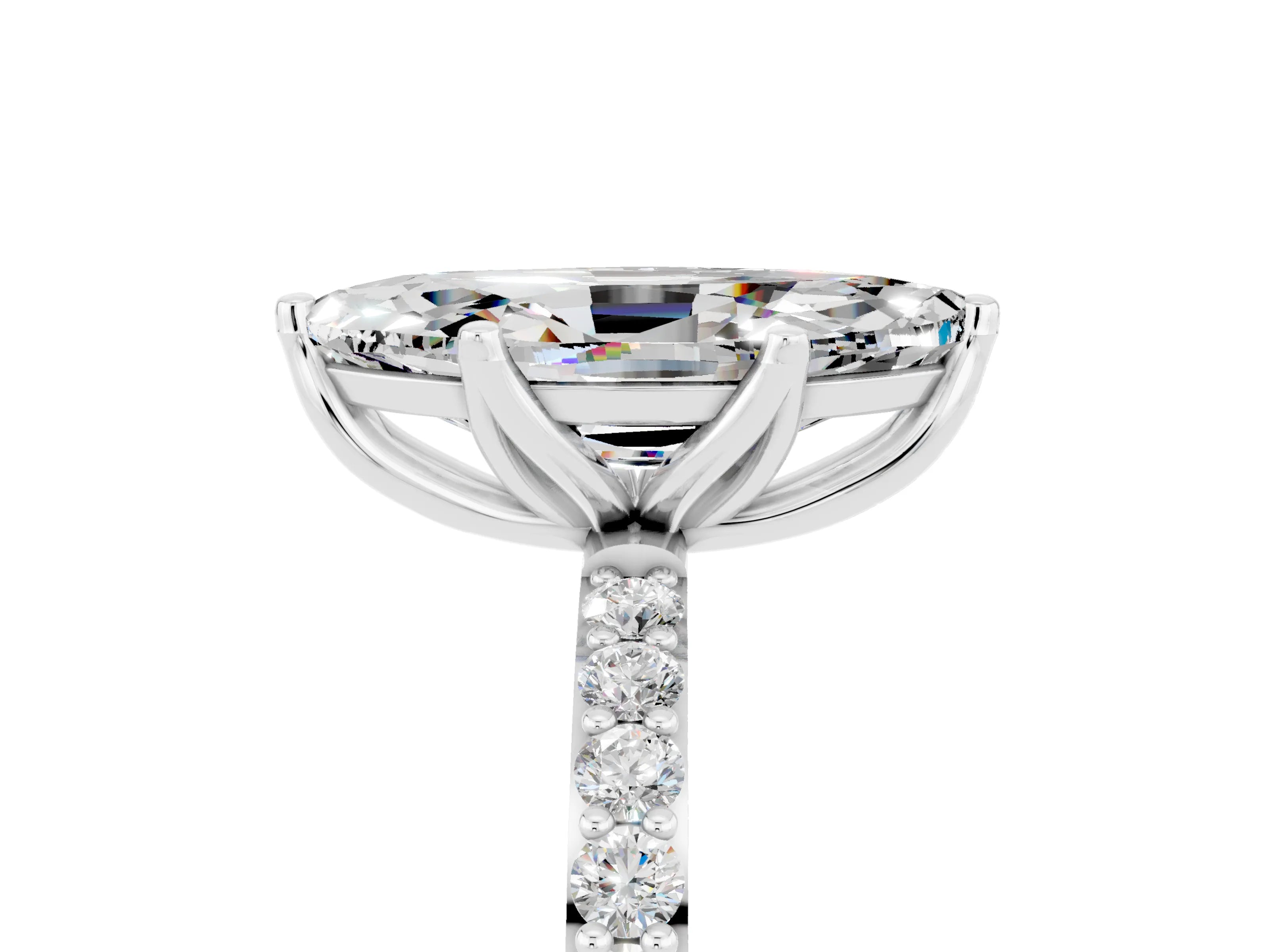 White gold Marquise Cut Moissanite Solitaire Engagement Ring with Pavé Band and Prong Setting_5