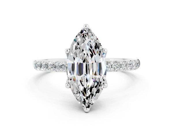 White gold Marquise Cut Moissanite Solitaire Engagement Ring with Round  Pavé Band and Prong Setting