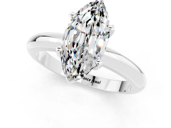 Silver Marquise Cut Moissanite Solitaire Engagement Ring with Round Band and Four-Prong Setting