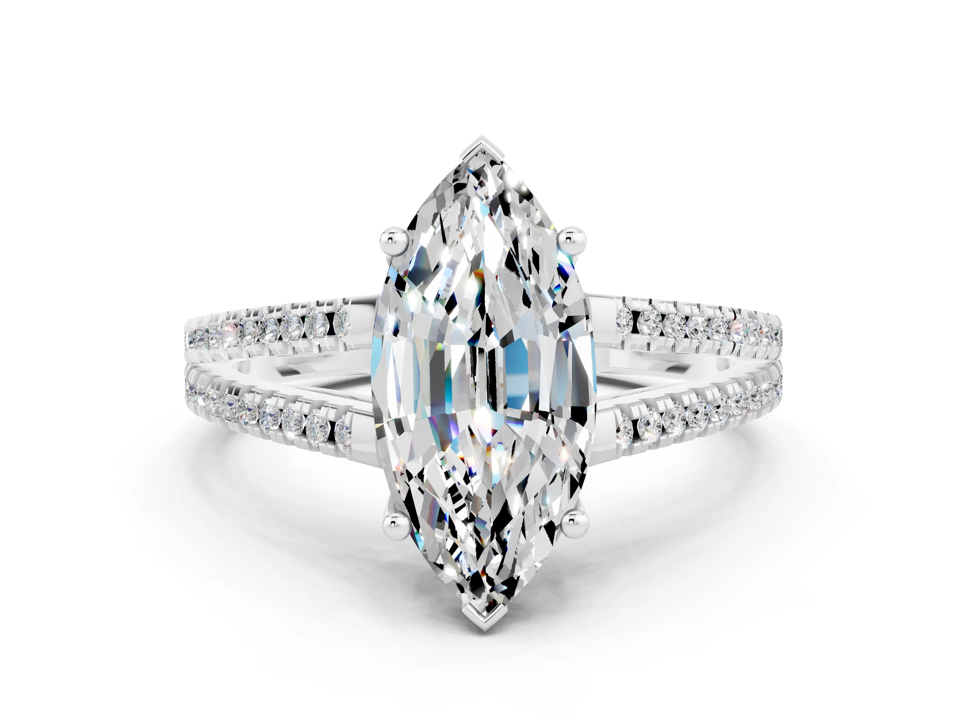 White gold Marquise Cut Moissanite Solitaire Engagement Ring with Split Shank Pavé Band