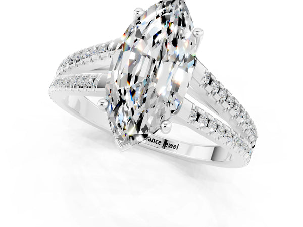 Platinum Marquise Cut Moissanite Solitaire Engagement Ring with Split Shank Pavé Band