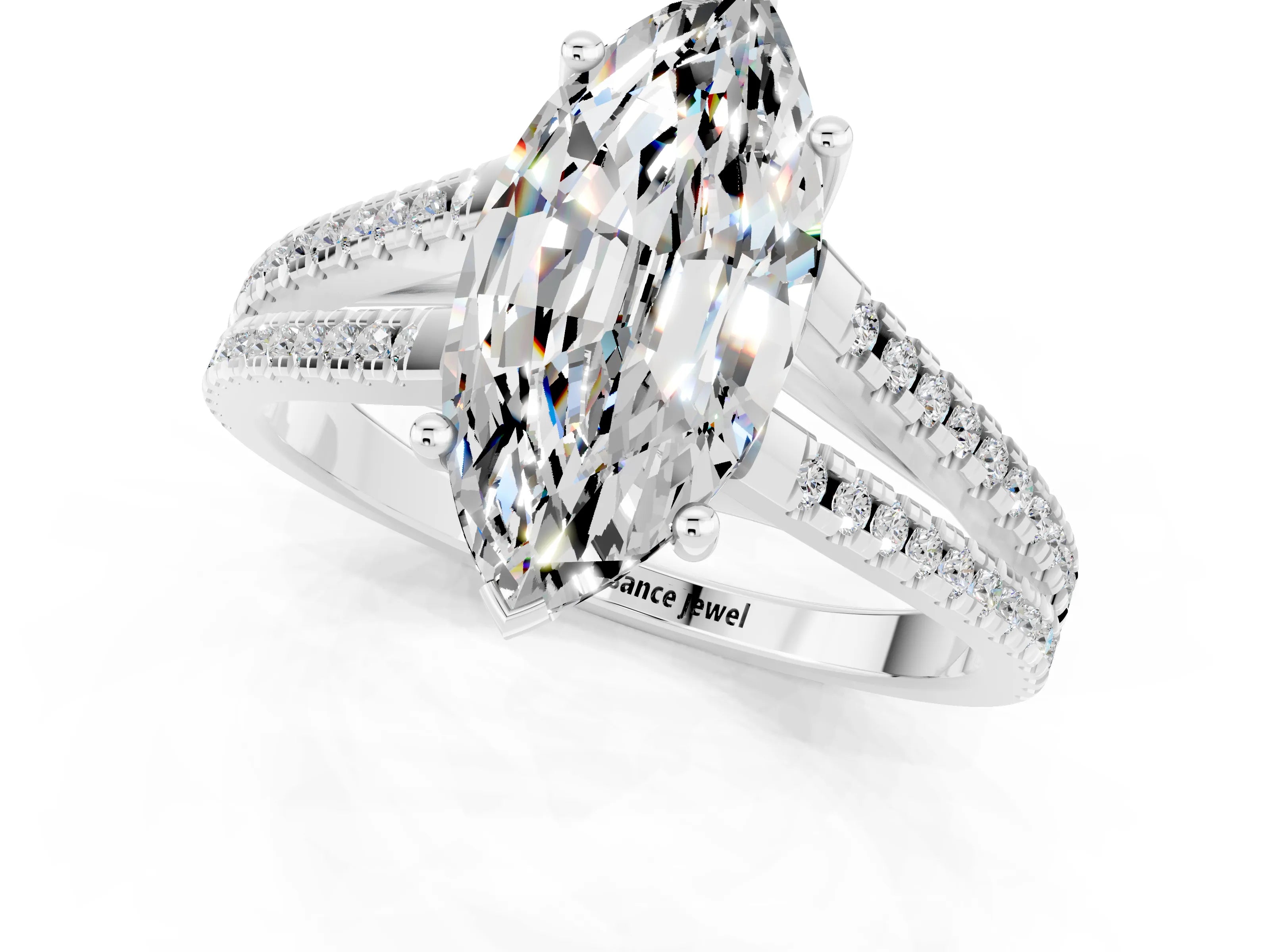 White gold Marquise Cut Moissanite Solitaire Engagement Ring with Split Shank Pavé Band_1