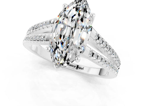 White gold Marquise Cut Moissanite Solitaire Engagement Ring with Split Shank Pavé Band_1