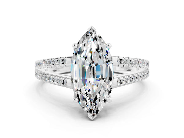 Silver Marquise Cut Moissanite Solitaire Engagement Ring with Split Shank Pavé Band