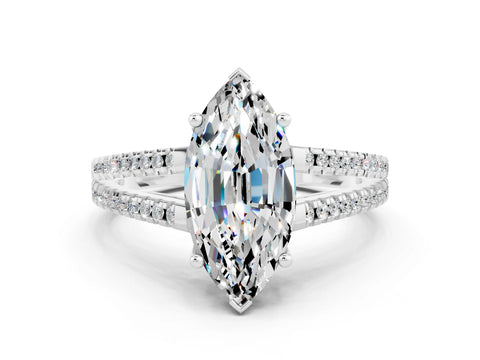 White gold Marquise Cut Moissanite Solitaire Engagement Ring with Split Shank Pavé Band