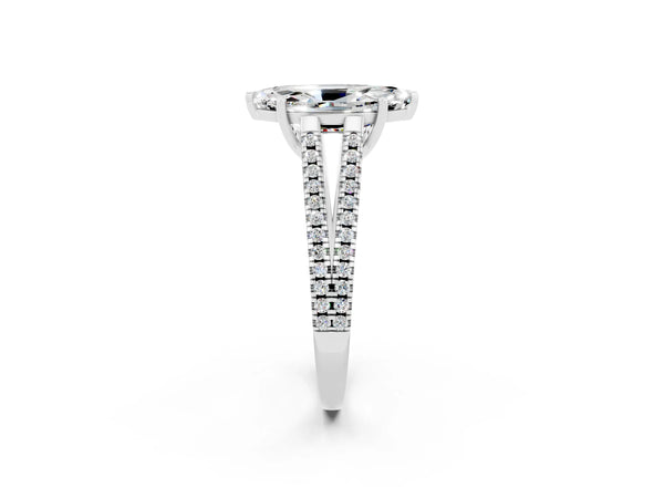 White gold Marquise Cut Moissanite Solitaire Engagement Ring with Split Shank Pavé Band