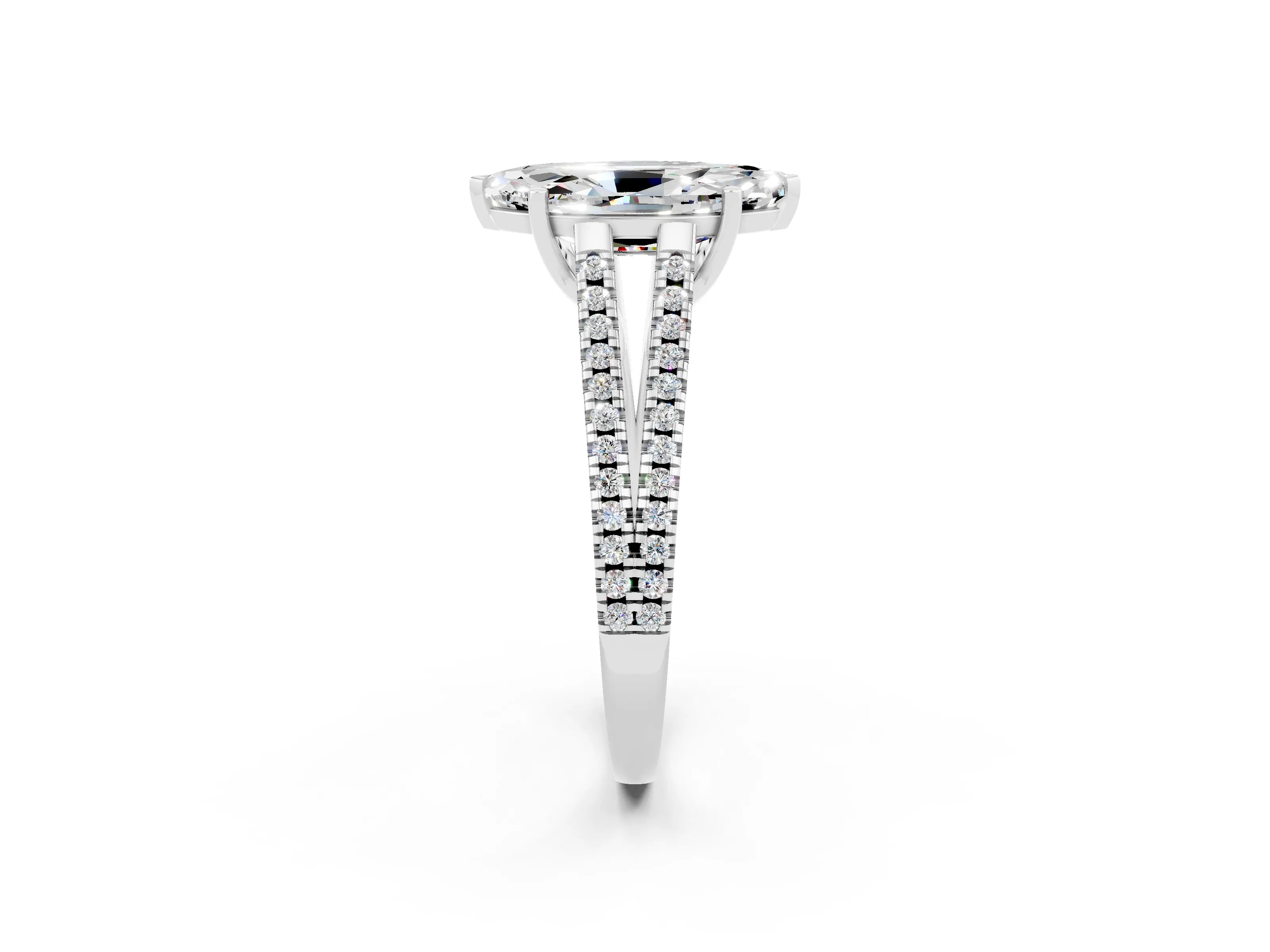 White gold Marquise Cut Moissanite Solitaire Engagement Ring with Split Shank Pavé Band_2