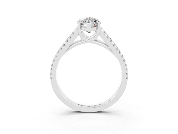 White gold Marquise Cut Moissanite Solitaire Engagement Ring with Split Shank Pavé Band